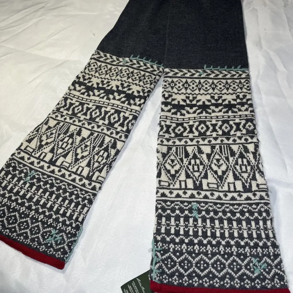 Eddie Bauer 100% Merino Wool Winter Scarf Fair Isle Gray Red Holiday 68